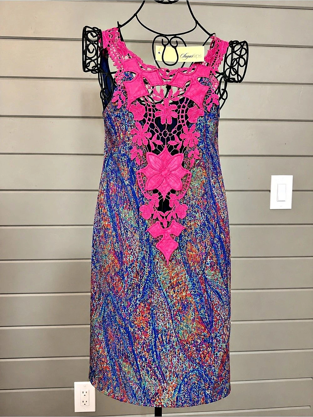 Sugar Lips Abstract Lace and leather Midi Dress in Blue & Pink Size Medium NWT